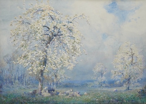 Max Ludby (1858-1943), watercolour, orchard scene, 52 x 72cm. Condition - fair to good